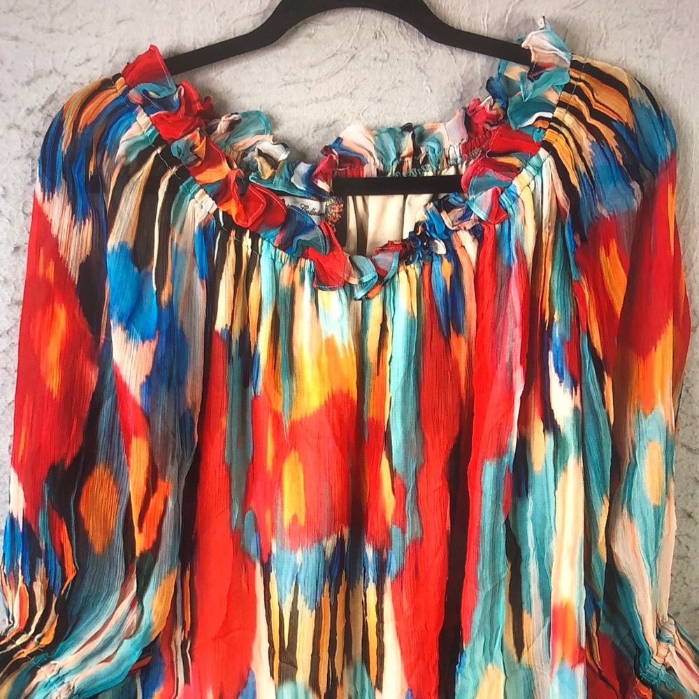 Vintage Collection Multicolor Ruffle-Neck Peasant Blouse Vibrant Abstract Print - Picture 6 of 11